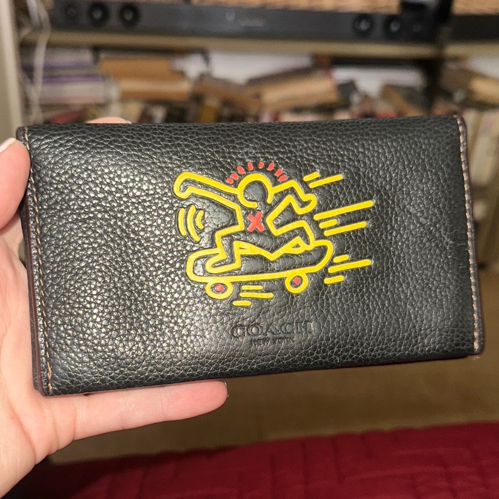Keith Haring Black Textured Wallet with Brown Detail